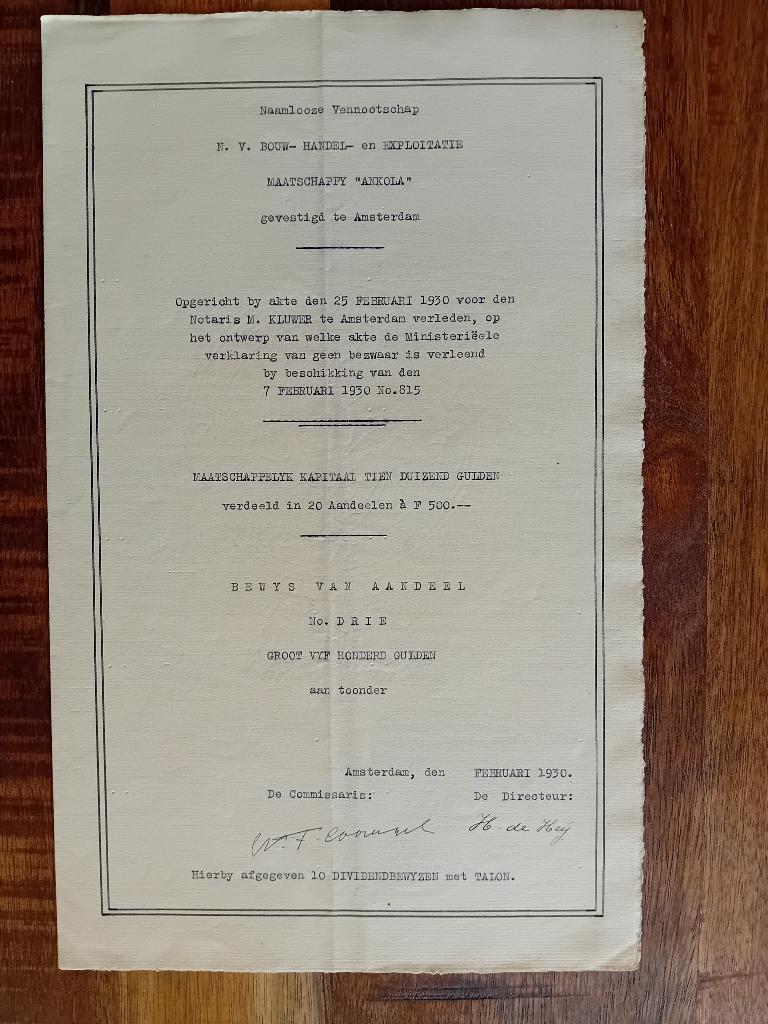 Uniek volledig getypt Aandeel NV Ankola - 1930, Ophalen of Verzenden, 1920 tot 1950, Aandeel