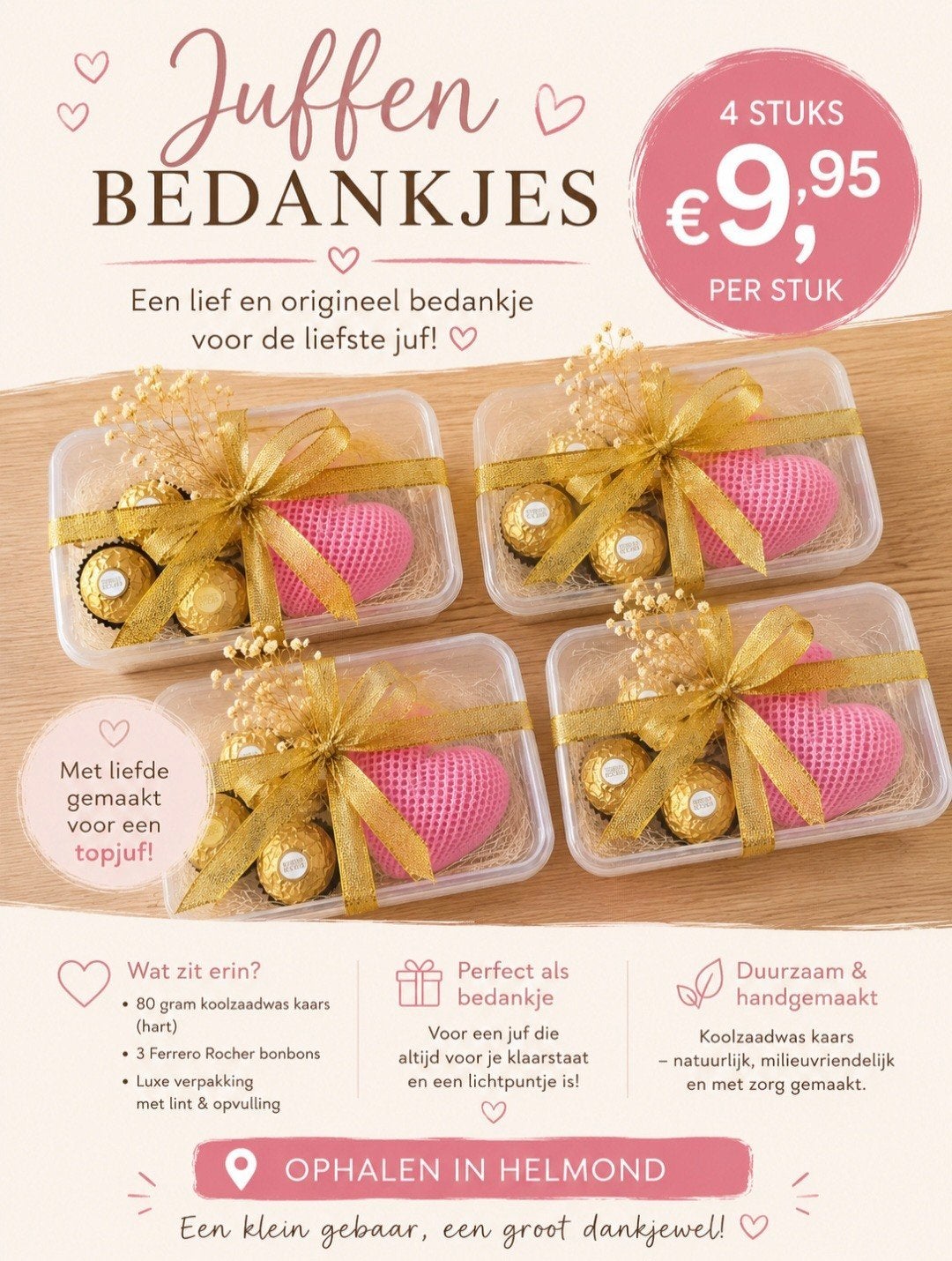 Bedankje juf meester einde schooljaar hart kaars bonbons, Ophalen, Nieuw