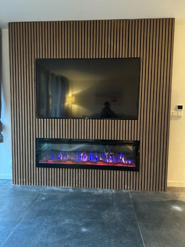 Cinewall met houten lamellen en elektrische sfeerhaard, Ophalen, Nieuw
