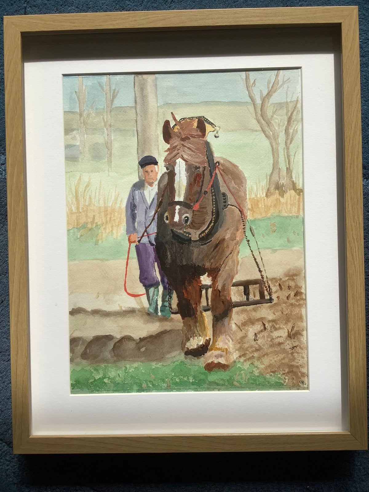 Schilderij, acryl met aquarel, boer met paard, Antiek en Kunst, Ophalen, Portret of Personen