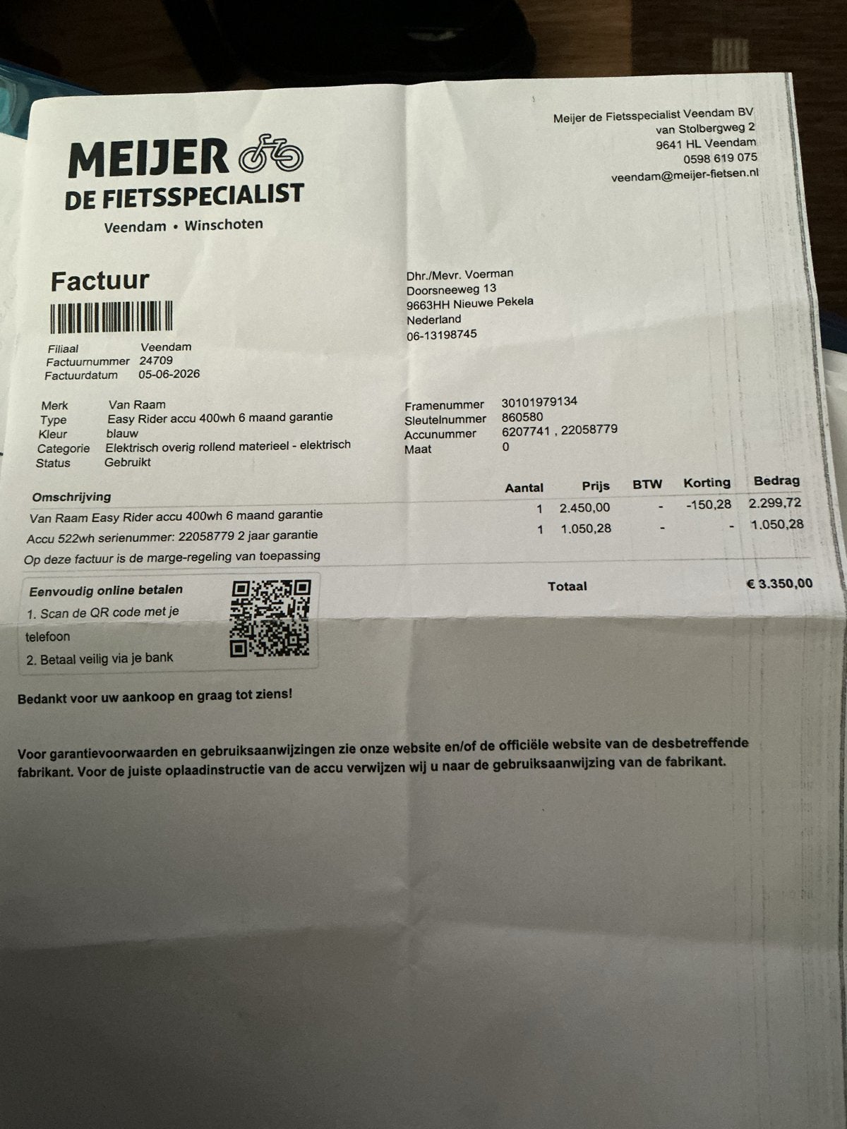 Van Raam Easy Rider driewieler met dubbele accu en garantie, Zo goed als nieuw, 47 tot 51 cm, 50 km per accu of meer, Ophalen