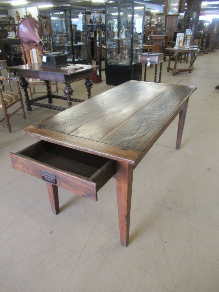 Oer 11601 antieke vroeg 19e eeuwse eiken tafel met 2 koplade, Ophalen