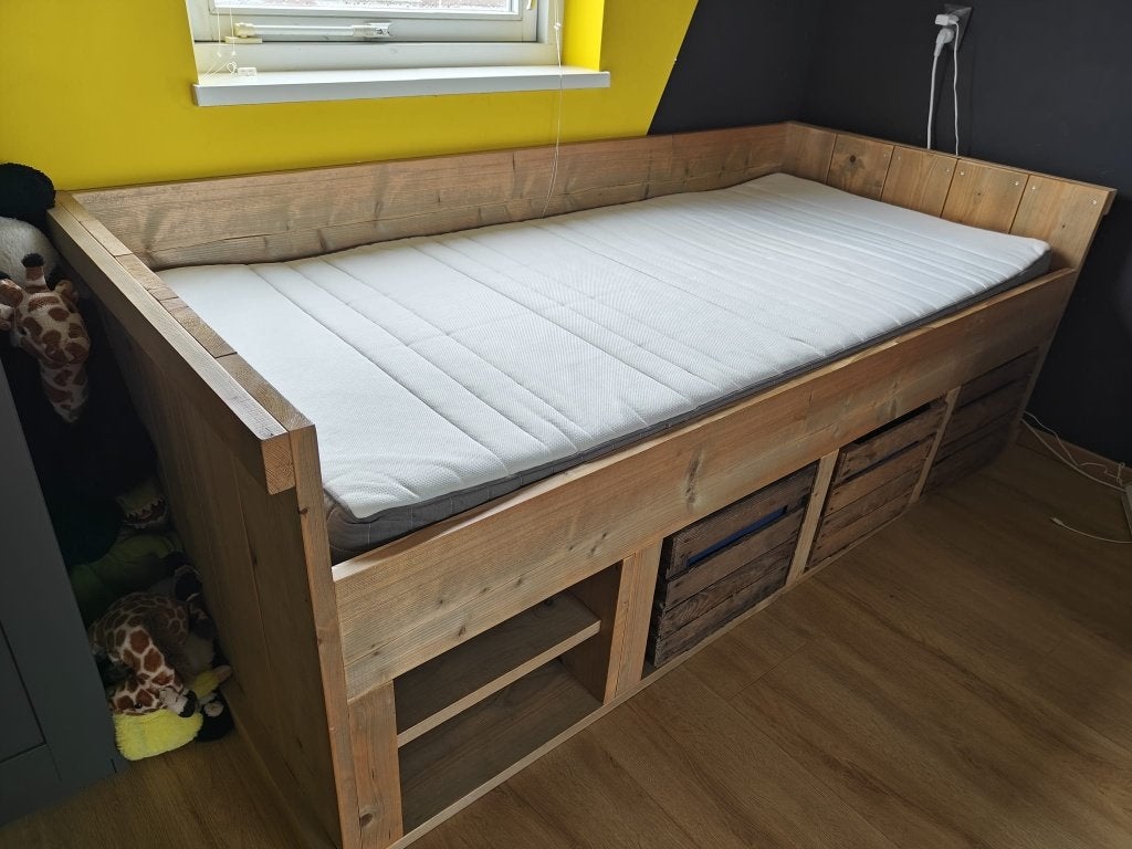 bed steigerhout, 85 tot 100 cm, Gebruikt, 180 cm of meer, Ophalen