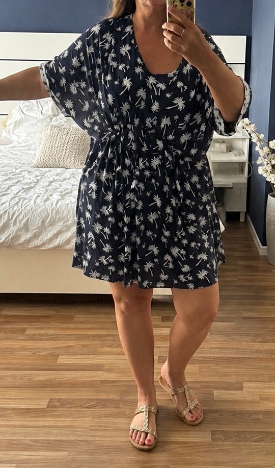 Tchibo jurk jurkje palmbomen 48 50 blauw wit zomerjurk, Maat 46/48 (XL) of groter, Zo goed als nieuw, Boven de knie, Verzenden