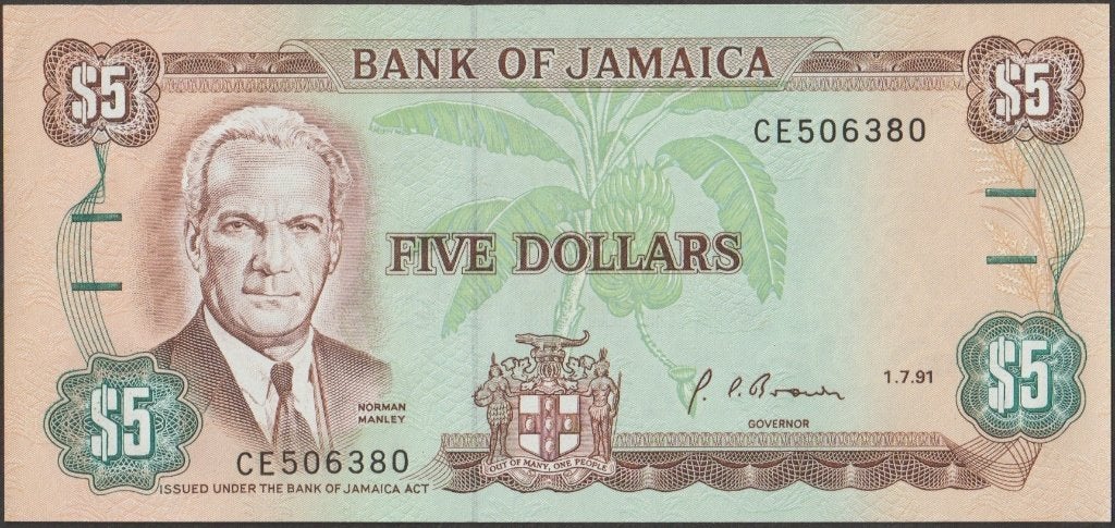 Jamaica 2 dollars 1991 aUNC p.70d (# 92)