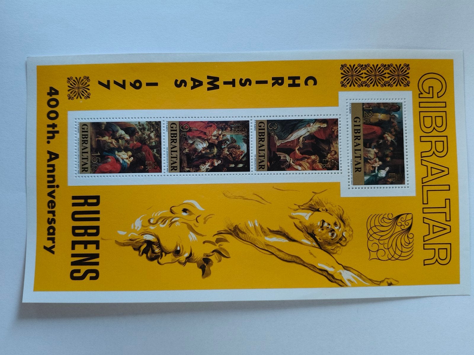 Gibraltar Kerstmis 1977 Rubens 400e Jubileum Postzegelvel, Postzegels en Munten, Ophalen of Verzenden