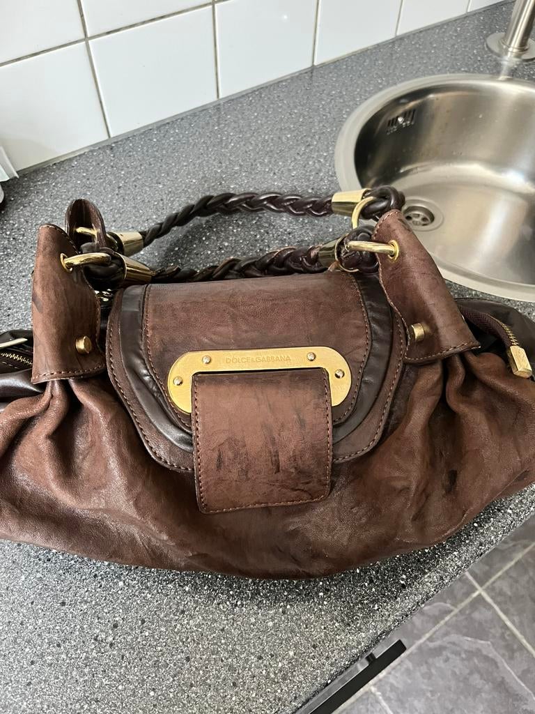 Dolce & Gabbana tas bruin leer, Ophalen, Gebruikt, Bruin, Handtas