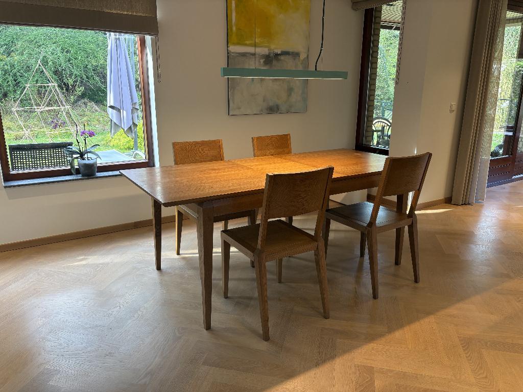 Uitschuifbare design eikenhouten tafel + 4 stoelen Miloni, Ophalen, Gebruikt, Eikenhout, 200 cm of meer