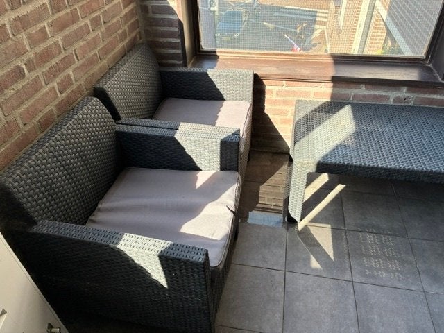 Complete balkonset – 2 stoelen + tafel + kussens, Ophalen, Gebruikt, Rechthoekig, Wicker