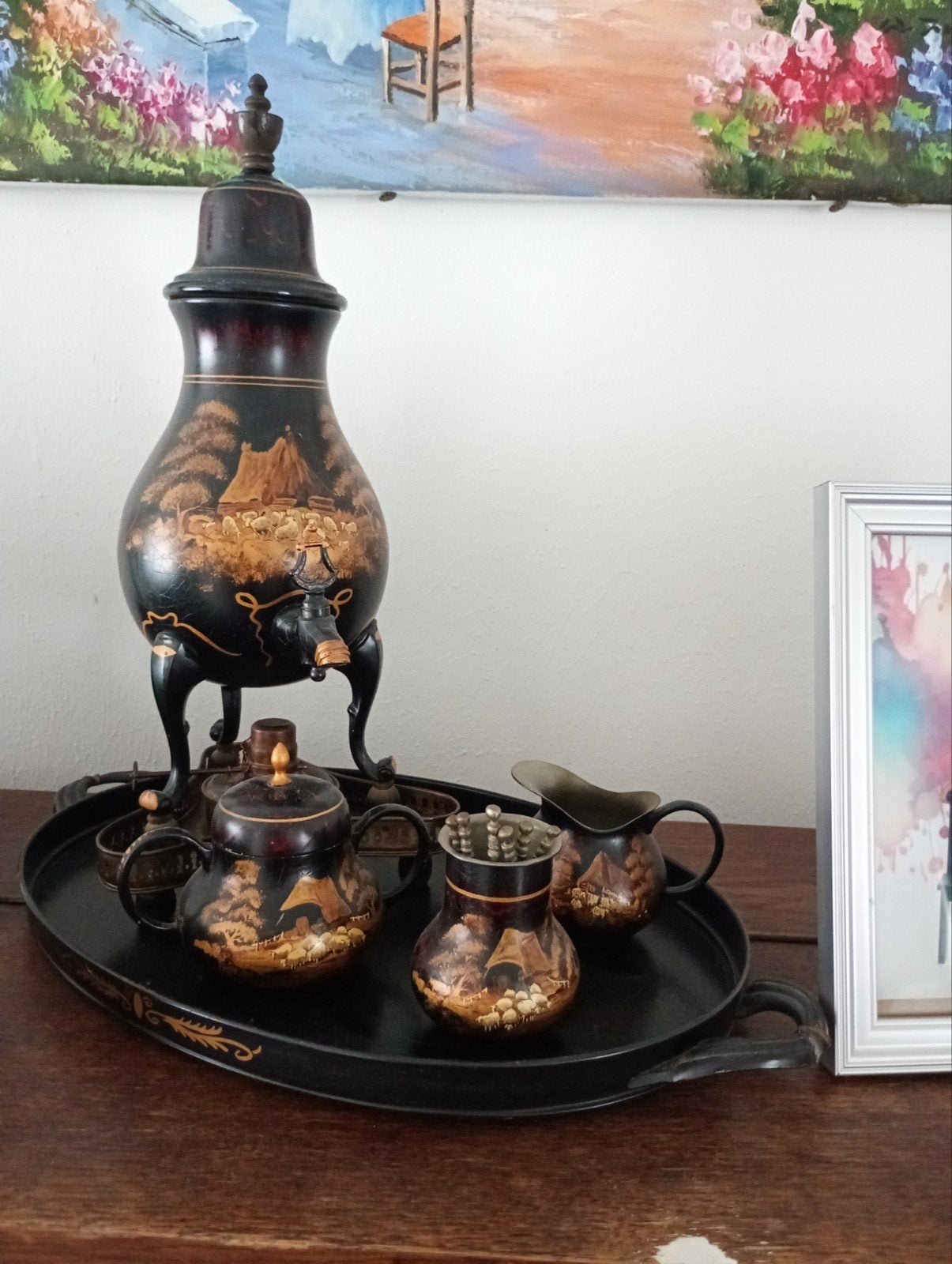 Antieke Samovar Koffie/Thee Set met Dienblad en Lepels, Ophalen