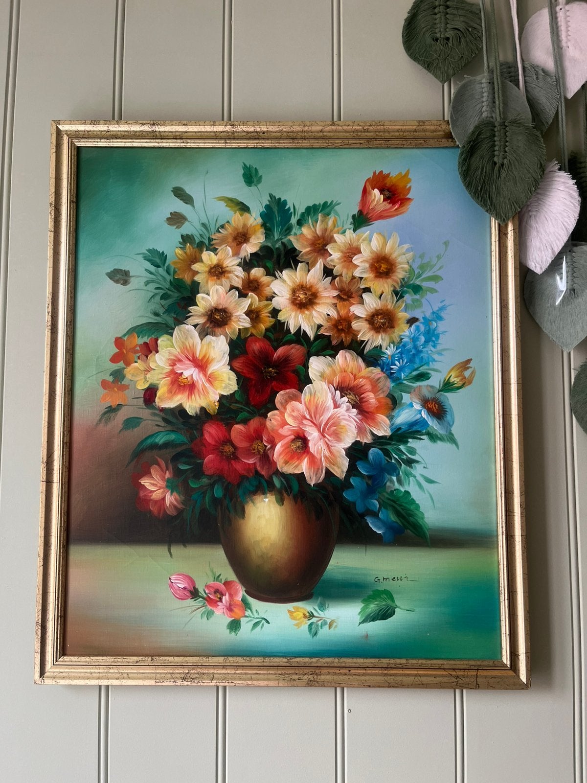 Antiek, brocante schilderij bloemen vrolijk, Ophalen of Verzenden, Olieverf, Bloemen