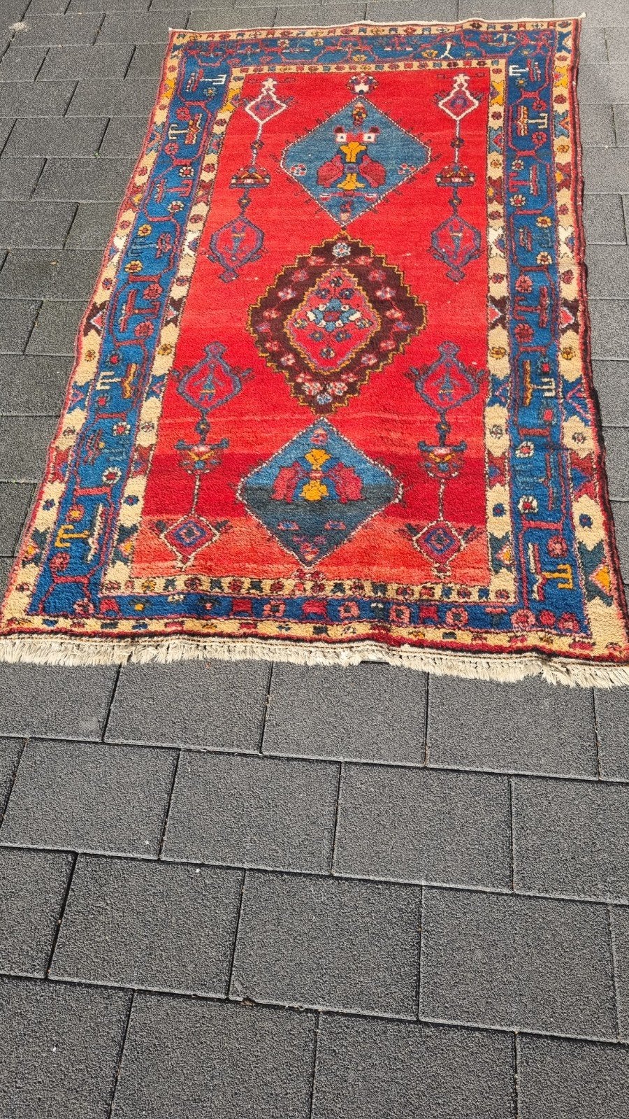 Handgeknoopt Perzisch tapijt 225x130 - Rood met blauwe accen, Ophalen, Gebruikt, 100 tot 150 cm, Blauw