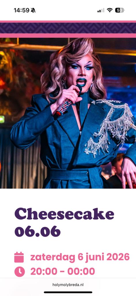 Ticket Holy Moly - Cheesecake - Breda 6 juni 2026, Tickets en Kaartjes, Eén persoon, Ticket of Toegangskaart