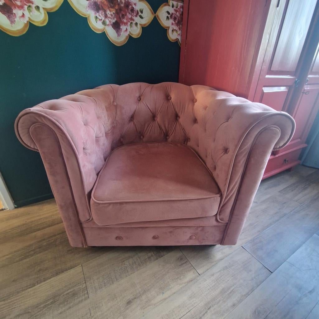 Roze fluwelen fauteuil en bankstel - Chesterfield stijl, Huis en Inrichting, Fauteuils, Ophalen, Chesterfield, Klassiek, Modern