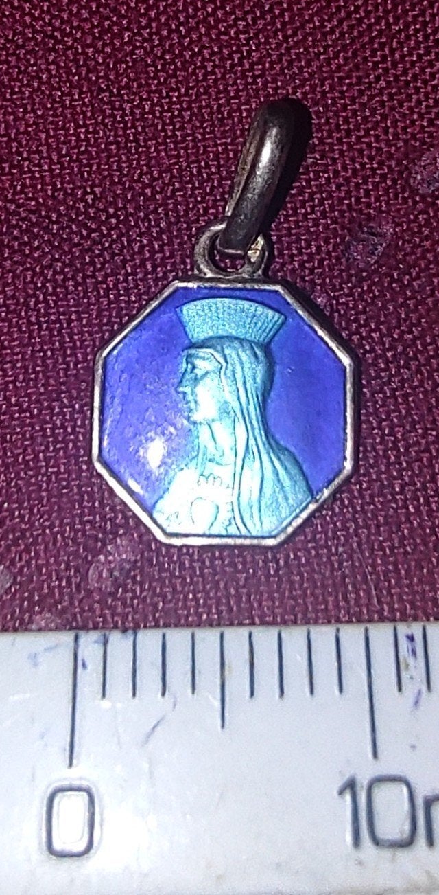 Vintage Medaillon Blauw Emaille Maria Devotie, Ophalen of Verzenden