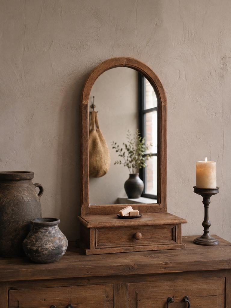 Oude Houten Spiegel met Lade | Stoer & Sober, Ophalen of Verzenden, Rechthoekig, Minder dan 50 cm