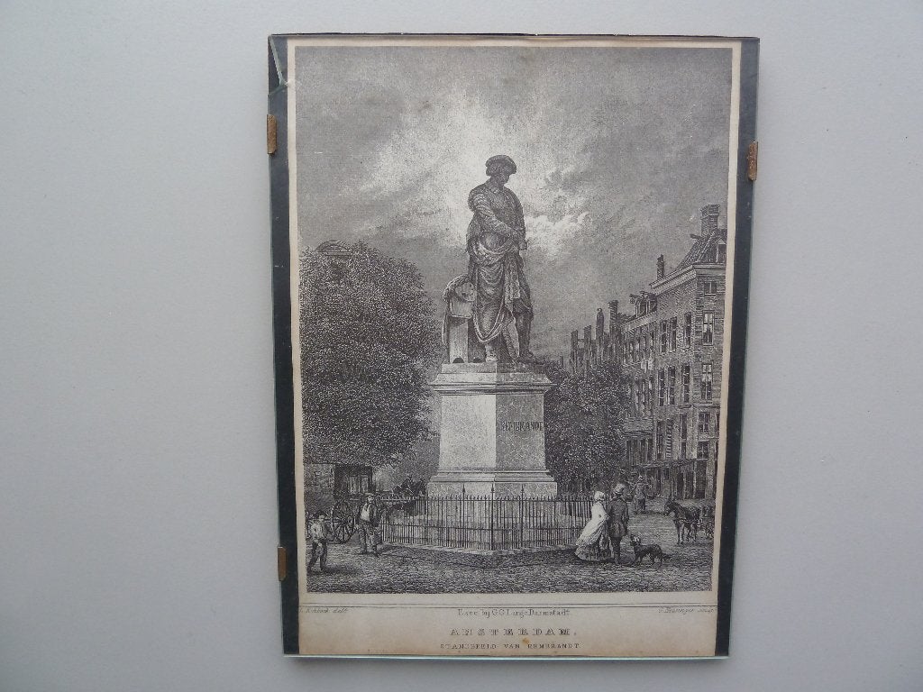 oude prent Amsterdam standbeeld Rembrandt, Ophalen of Verzenden