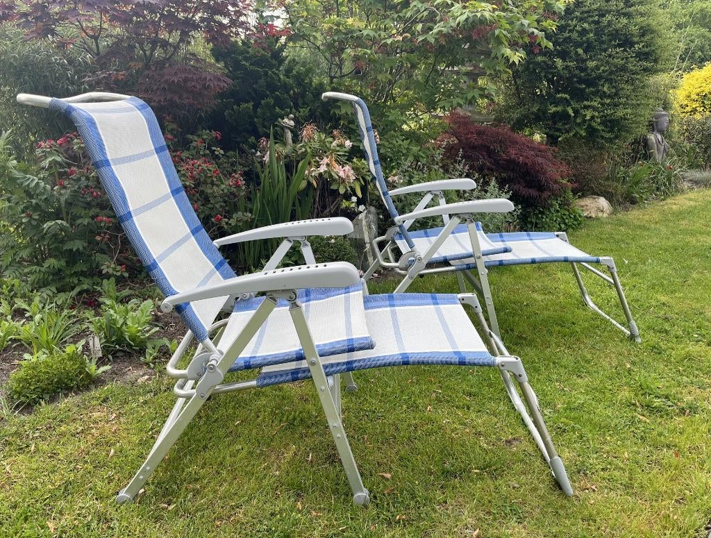 2 Verstelbare Dukdalf stoelen met voetensteun, Caravans en Kamperen, Ophalen, Gebruikt, Campingstoel