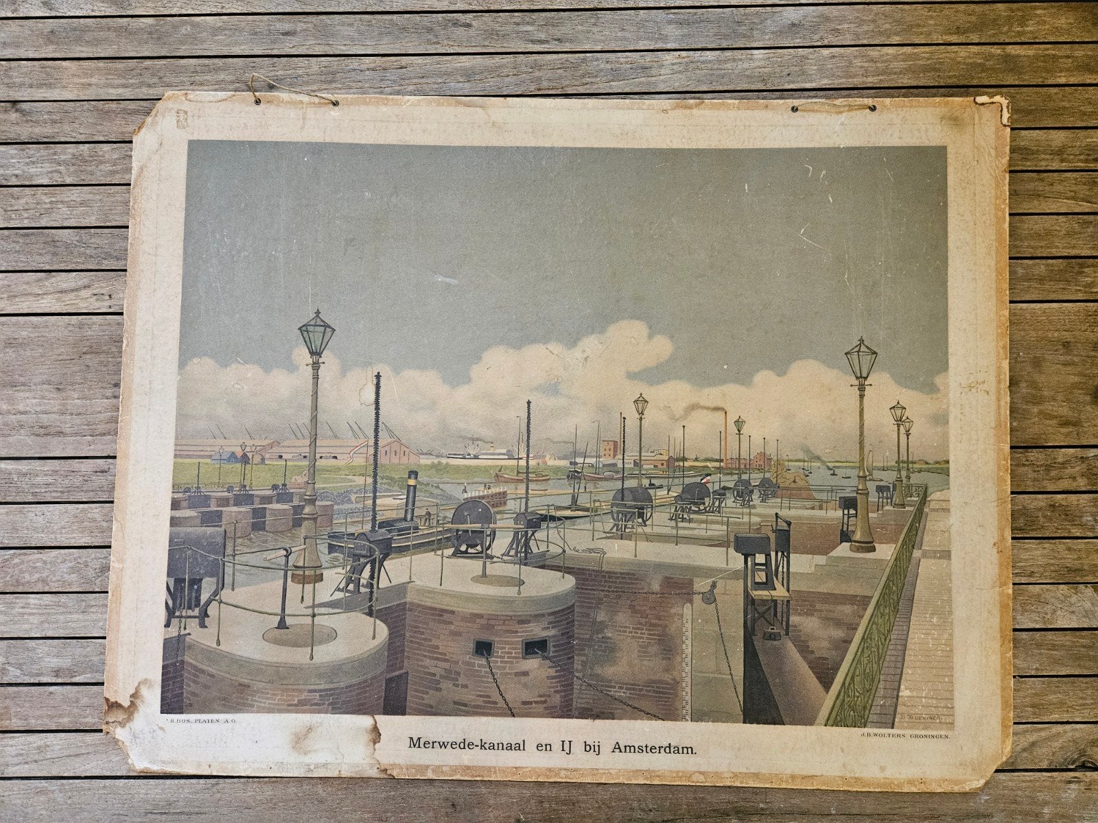 Antieke Schoolplaat Merwedekanaal en IJ bij Amsterdam, Antiek en Kunst, Antiek | Schoolplaten, Ophalen