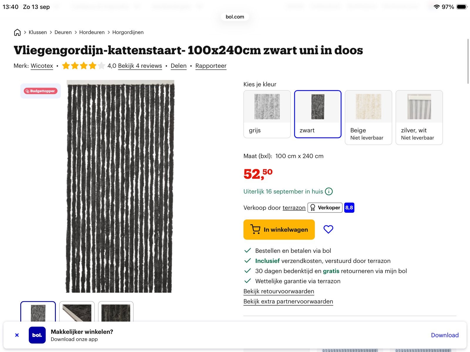 Kattenstaart vliegengordijn zwart 100 x 240, Doe-het-zelf en Verbouw, Ophalen, Kunststof, 80 tot 100 cm, 215 cm of meer