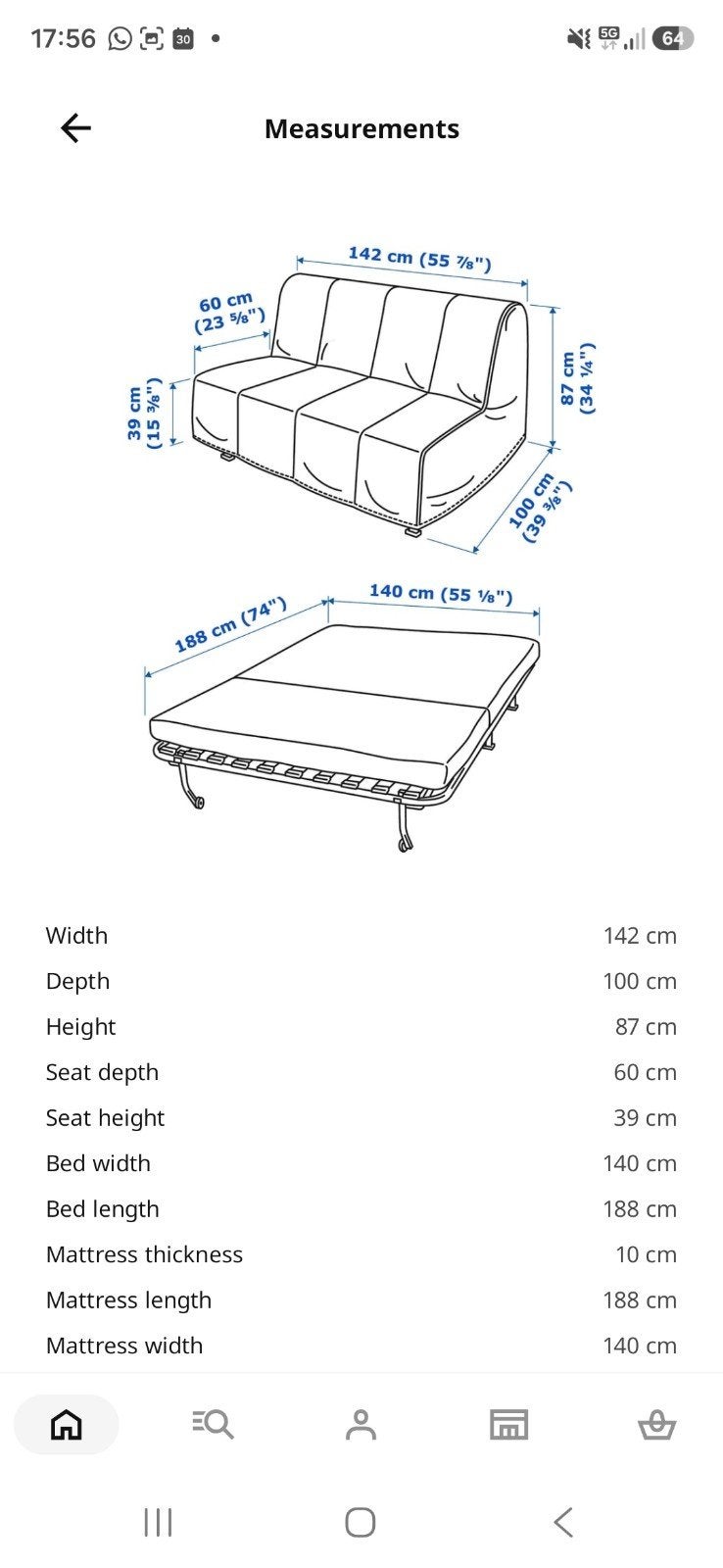 ikea fold up bed, Tweepersoons, Zo goed als nieuw, Grijs, 140 cm