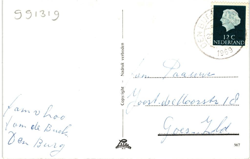 991319 Den Burg Texel 1969 Gelopen met postzegel, Ophalen of Verzenden, 1960 tot 1980, Gelopen, Noord-Brabant