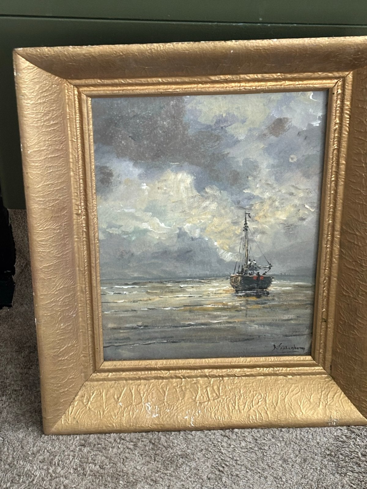 Maritiem schilderij: Schip op woelige zee, Antiek en Kunst, Kunst | Schilderijen | Klassiek, Ophalen, Maritiem / water, Doek, Realistisch