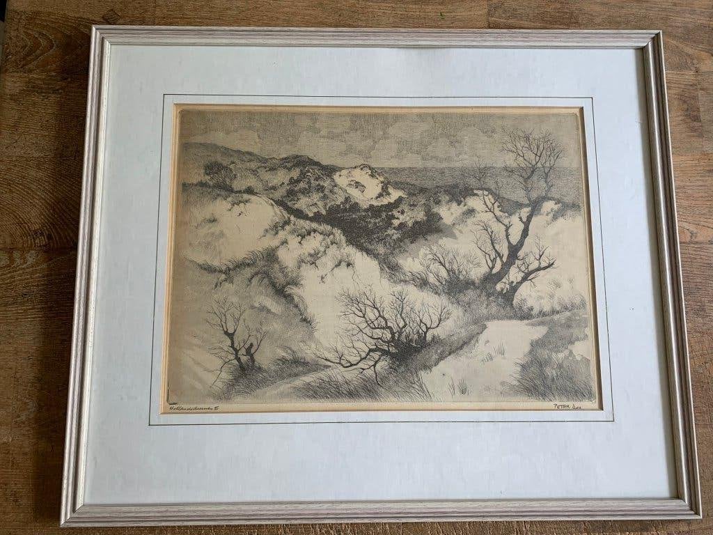 Grote ets Peter Cox Hollandse duinen II in lijst, Antiek en Kunst, Kunst | Etsen en Gravures, Ophalen of Verzenden