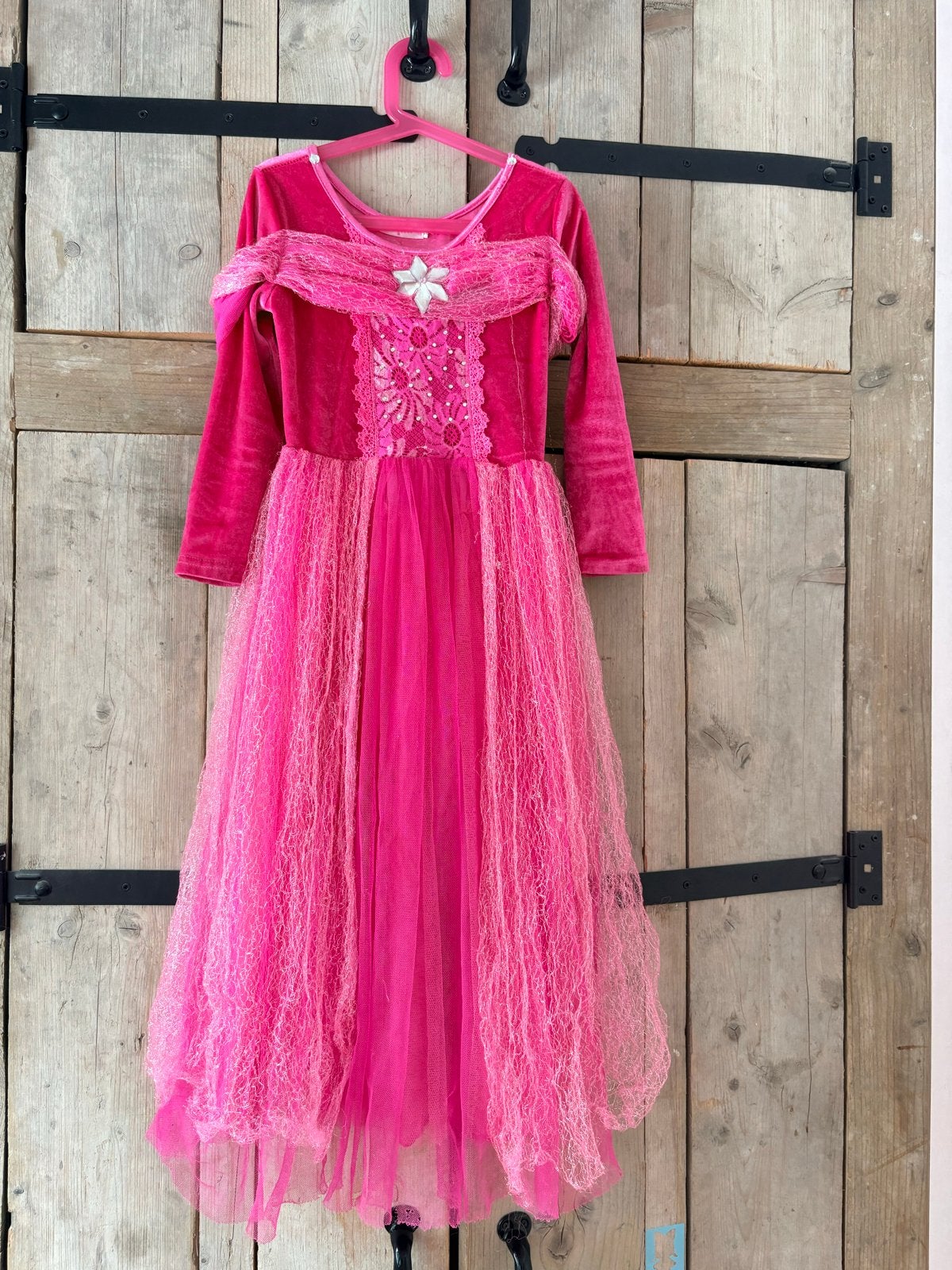 Prinsessenjurk roze met glitters en kant, Ophalen of Verzenden, Gebruikt, 122 t/m 128, Meisje
