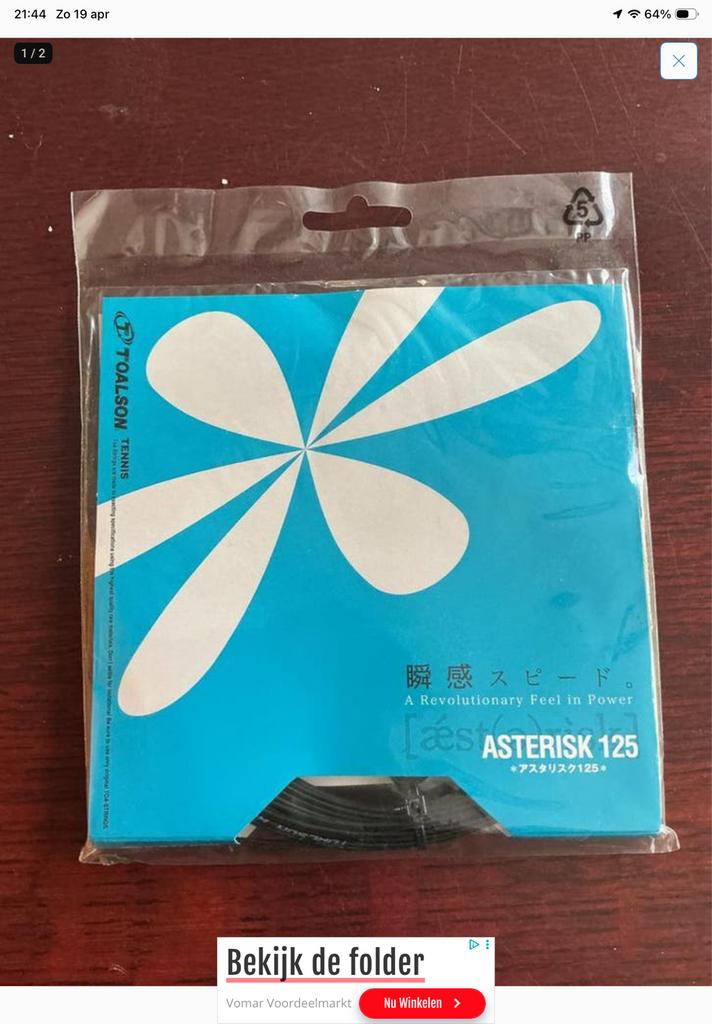 Toalson Asterisk 125 tennis snaar, Overige merken, Grip of Snaar, L00, Nieuw