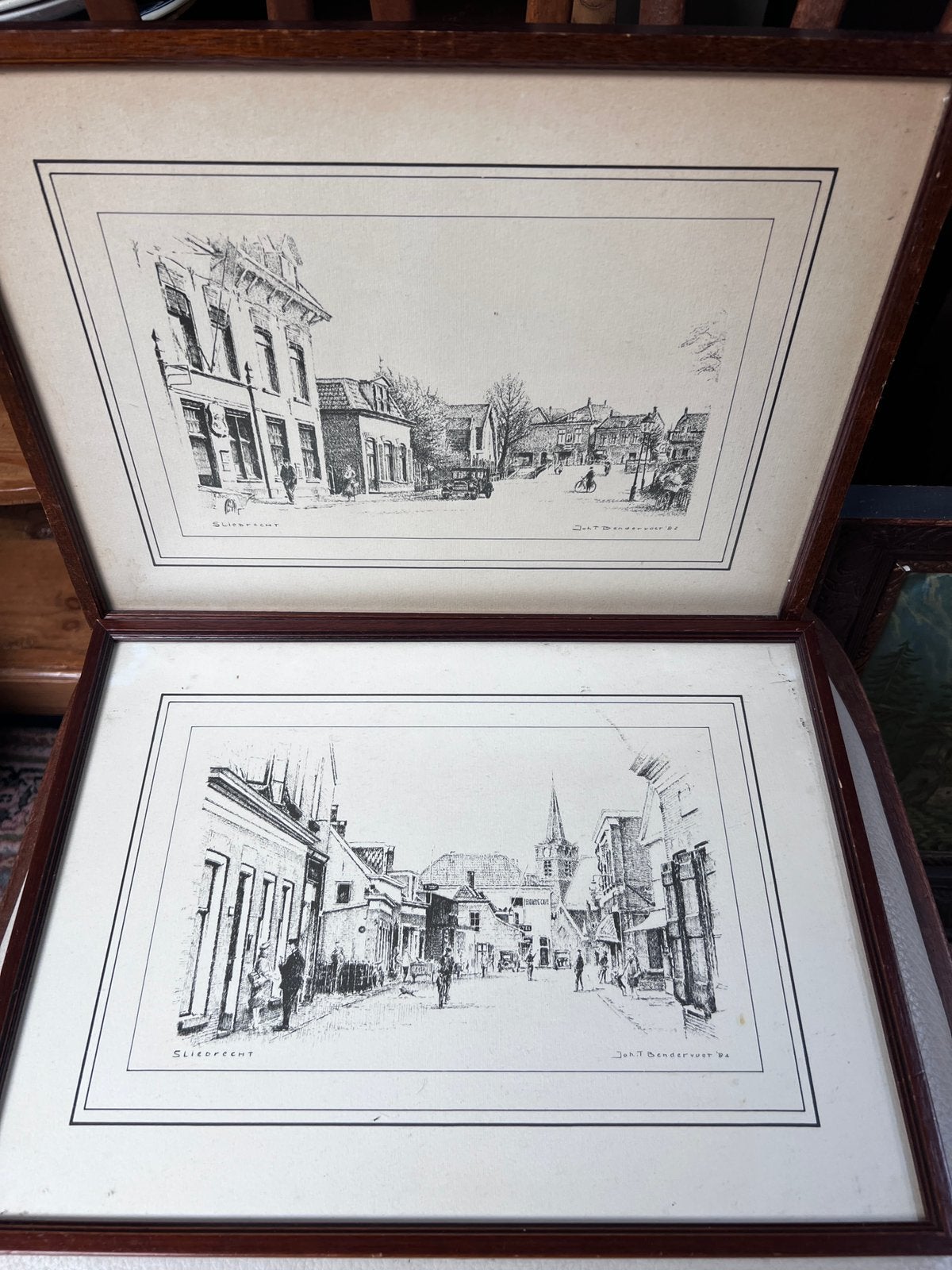 2 x prent sliedrecht door Bendervoet/ prijs voor 2, Ophalen of Verzenden, Print, Pentekening, Achter glas
