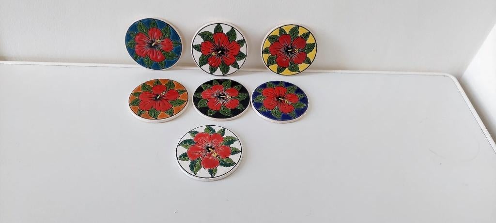 7 Vintage keramische tegel onderzetters Griekenland, Eu, Glas of Kopje, Eu, Ophalen of Verzenden