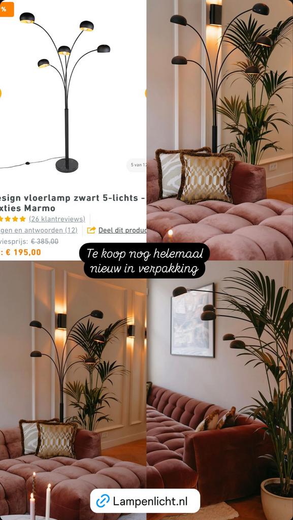 Design vloerlamp zwart 5-lichts - Sixties Marmo, Ophalen, Nieuw, Metaal, 150 tot 200 cm