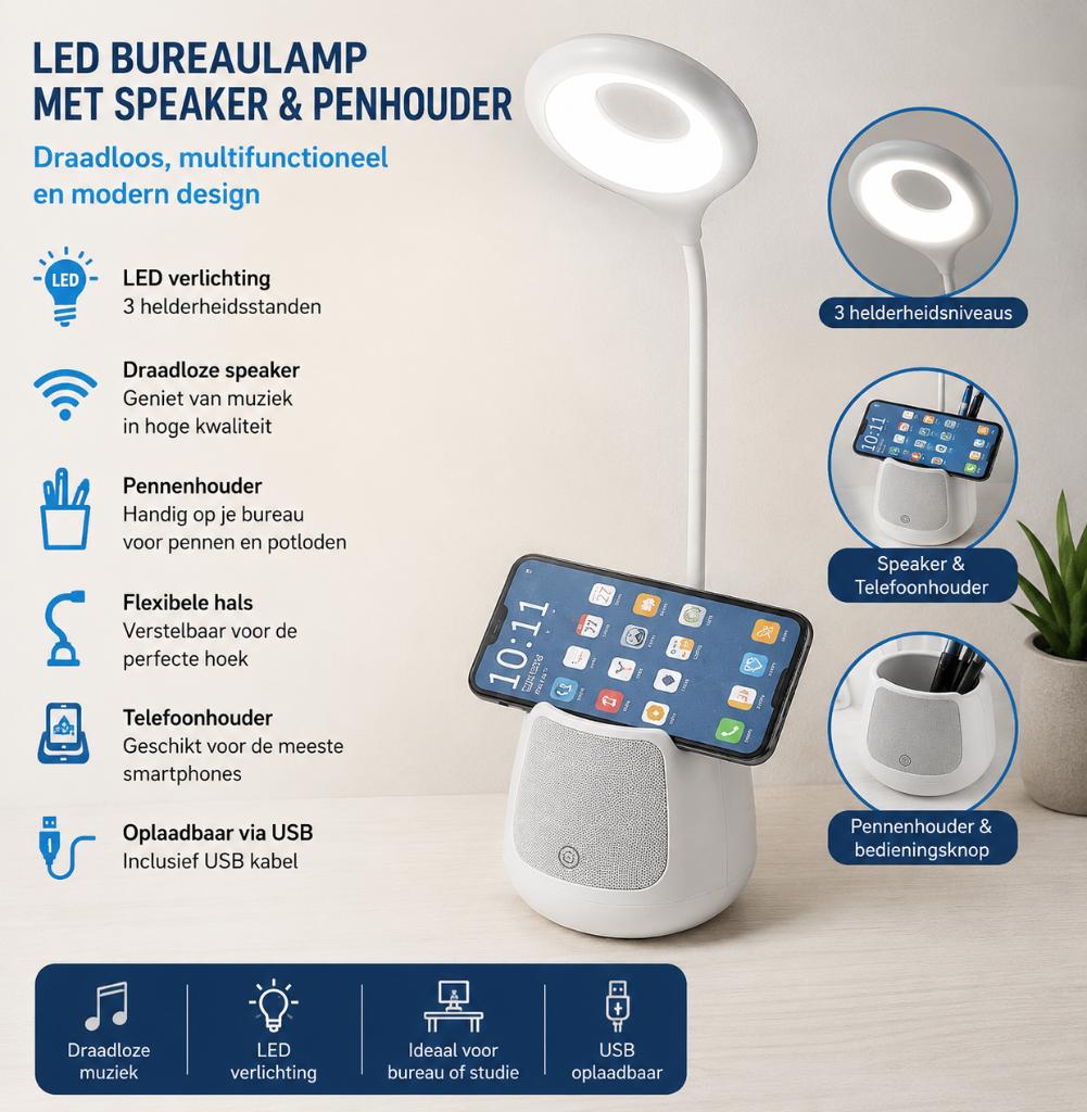 Soundlogic LED Bureaulamp met Draadloze Speaker en Pennenhou, Verzenden, Nieuw