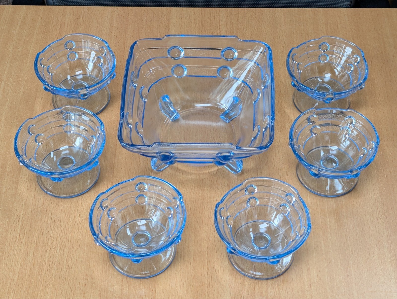 Glazen art-deco Dessert Set - Blauw Glas, Antiek en Kunst, Ophalen of Verzenden