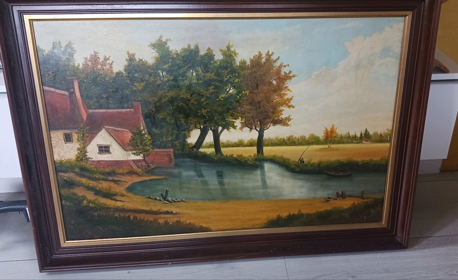 Schilderij: Huisje aan het water met visser, Antiek en Kunst, Ophalen of Verzenden