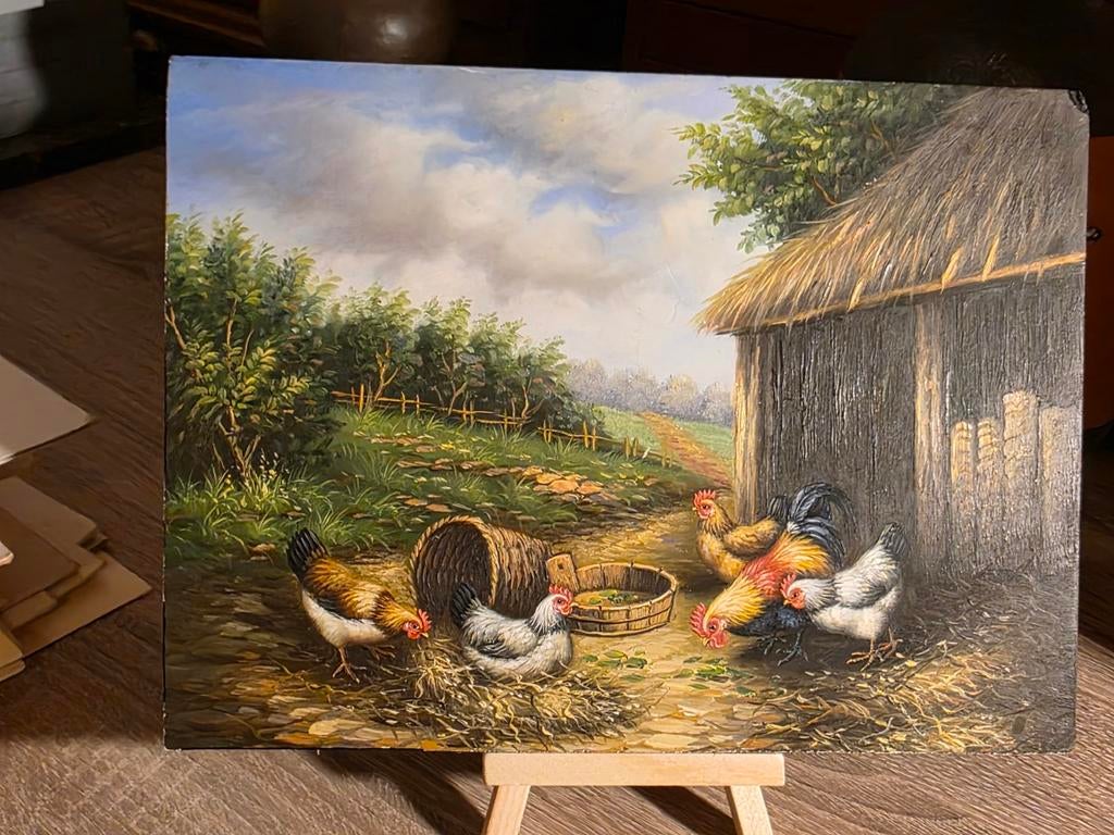 Olieverf paneeltje met kipjes, Antiek en Kunst, Ophalen of Verzenden