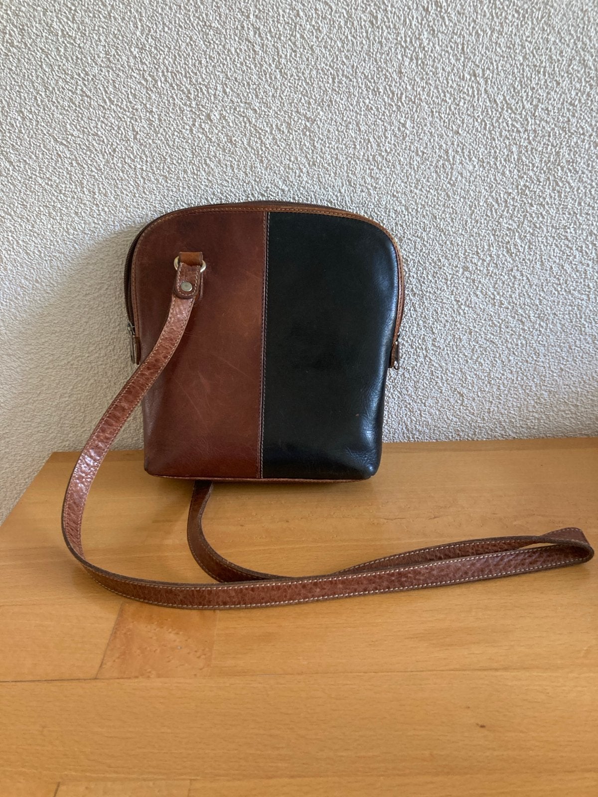 Vintage Leren Schoudertas - Bruin/Zwart Chestnut Collection, Ophalen of Verzenden, Gebruikt, Bruin, Schoudertasje