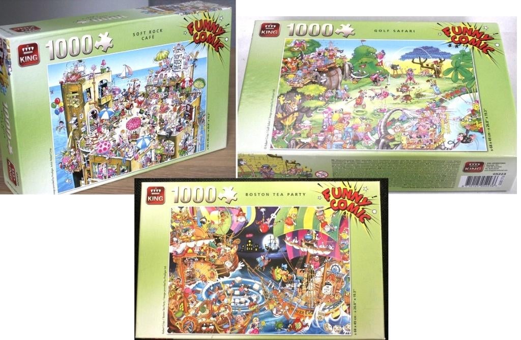 3x King Funny Comic puzzel Golf Safari café Boston Tea Party, Ophalen of Verzenden, 500 t/m 1500 stukjes, Zo goed als nieuw