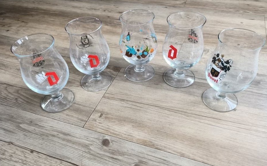 5 Duvel bierglazen incl duvel designer glas 2022 frank stolk, Ophalen of Verzenden, Zo goed als nieuw