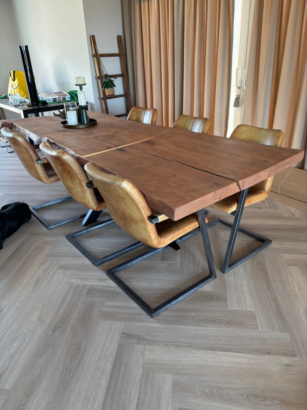 Eetkamerstoelen 6 stuks cognac, Ophalen, Gebruikt, Rechthoekig, 50 tot 100 cm
