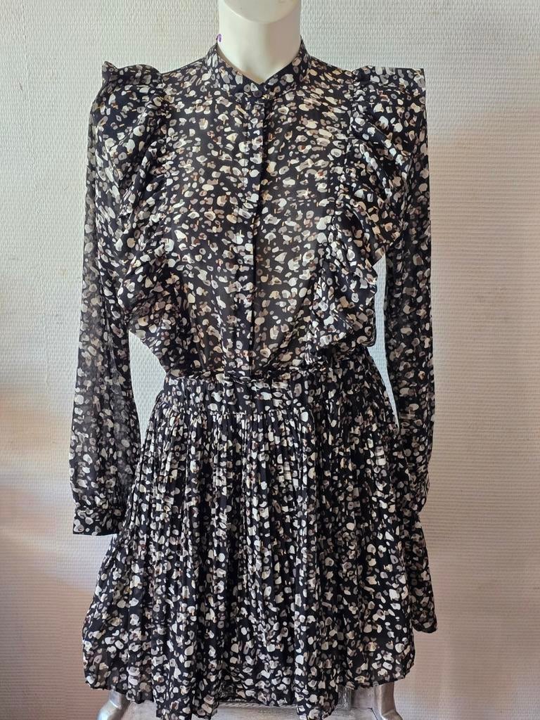 Loavies dames Zwarte jurk met print en ruches maat S, Zwart, Ophalen of Verzenden, Maat 36 (S), Boven de knie