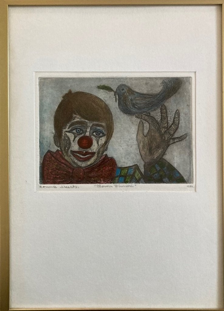 Handgekleurde ets van Ronnie Meerts getiteld “Clown Dimitri”, Antiek en Kunst, Ophalen of Verzenden, Ets, Gesigneerd