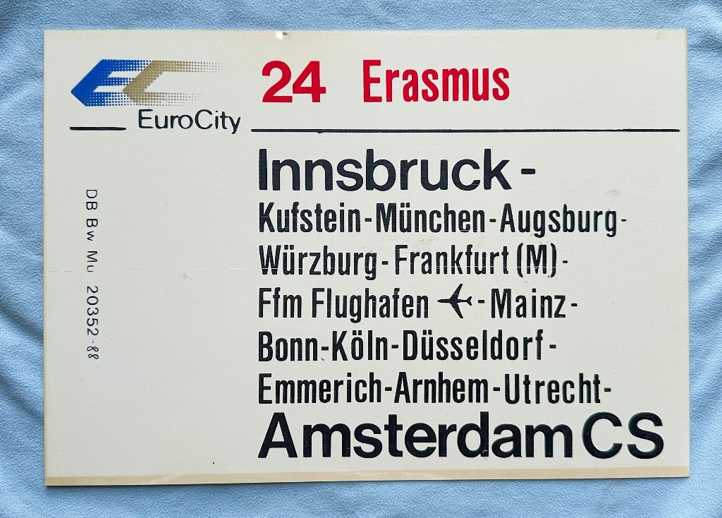 DB koersbord EuroCity 24/25 Erasmus Innsbruck - Amsterdam vv, Verzamelen, Verzenden, Gebruikt, Trein, Kaart of Prent