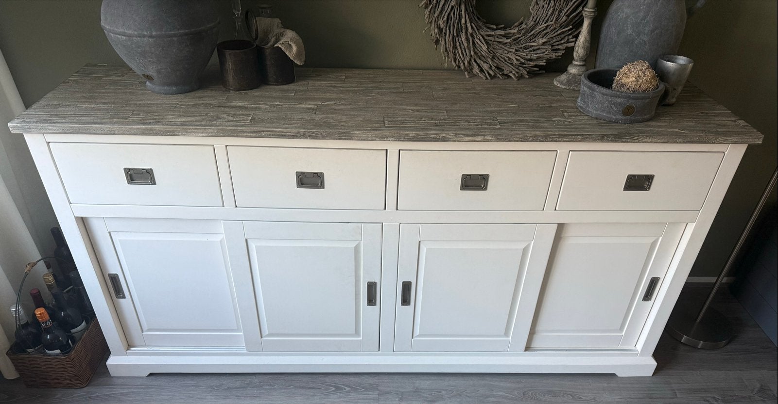 Grenen dressoir met eikenhout bovenblad - 4 lades, 4 schuifw, Ophalen, 150 tot 200 cm, Zo goed als nieuw, Met lade(s)
