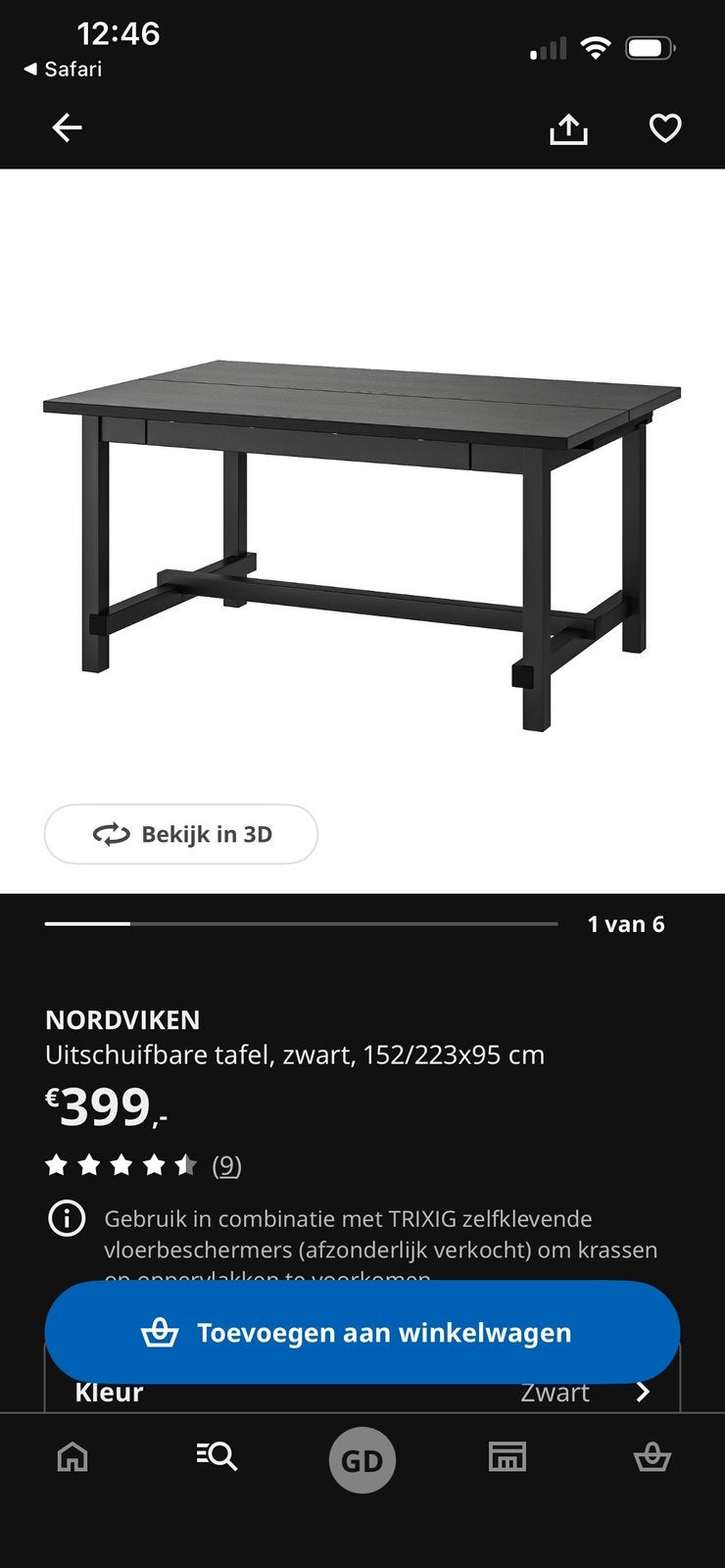 Nordviken uitschuifbare eettafel zwart, Huis en Inrichting, Tafels | Eettafels, Ophalen, Gebruikt, 50 tot 100 cm, Vijf personen of meer