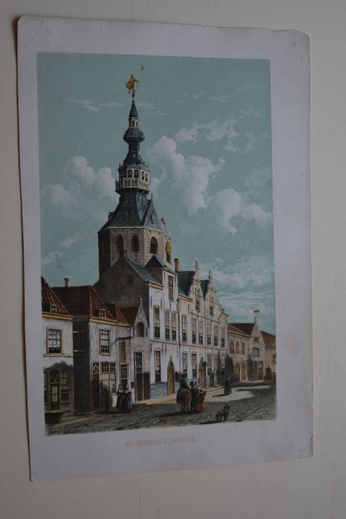 ZIERIKZEE STADHUIS ANNO 1857 C.W. MIELING CHROMOLITHO EB4, Antiek en Kunst, Kunst | Etsen en Gravures, Verzenden, Stadsgezicht
