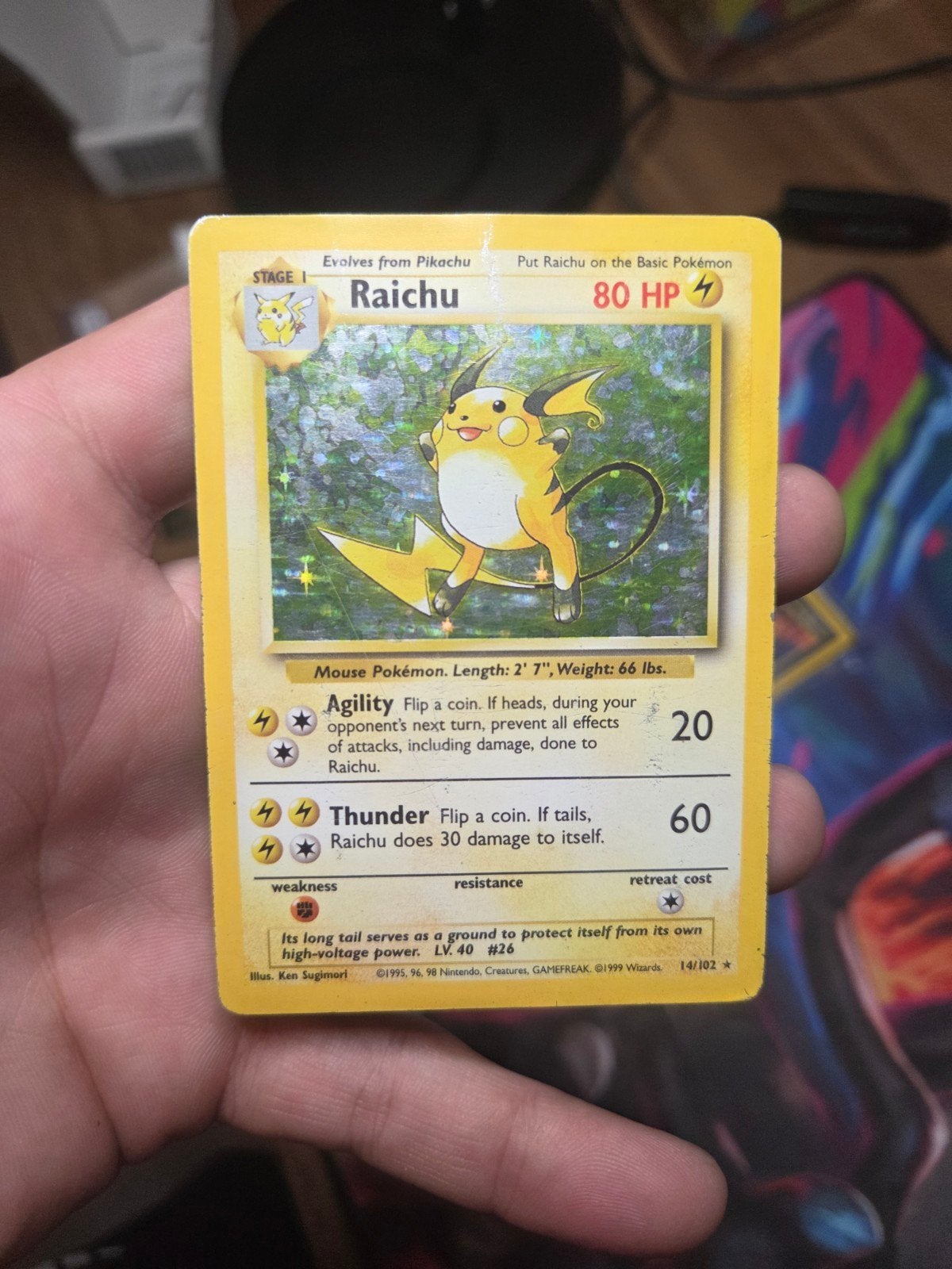 Raichu Holo 14/102 Base Set 1999 Wizard of the Coast era, Ophalen of Verzenden, Zo goed als nieuw, Losse kaart, Foil