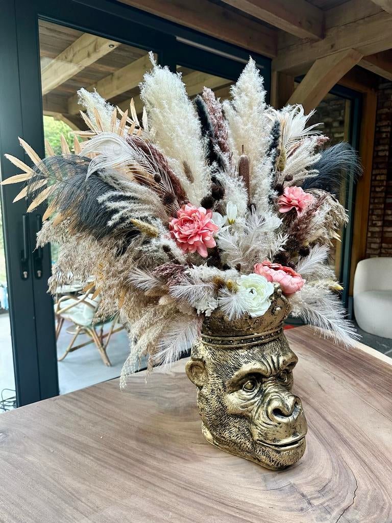 Gouden Gorilla Vaas met Droogbloemen Boeket, Huis en Inrichting, Ophalen of Verzenden, Zo goed als nieuw, Overige kleuren, Overige materialen