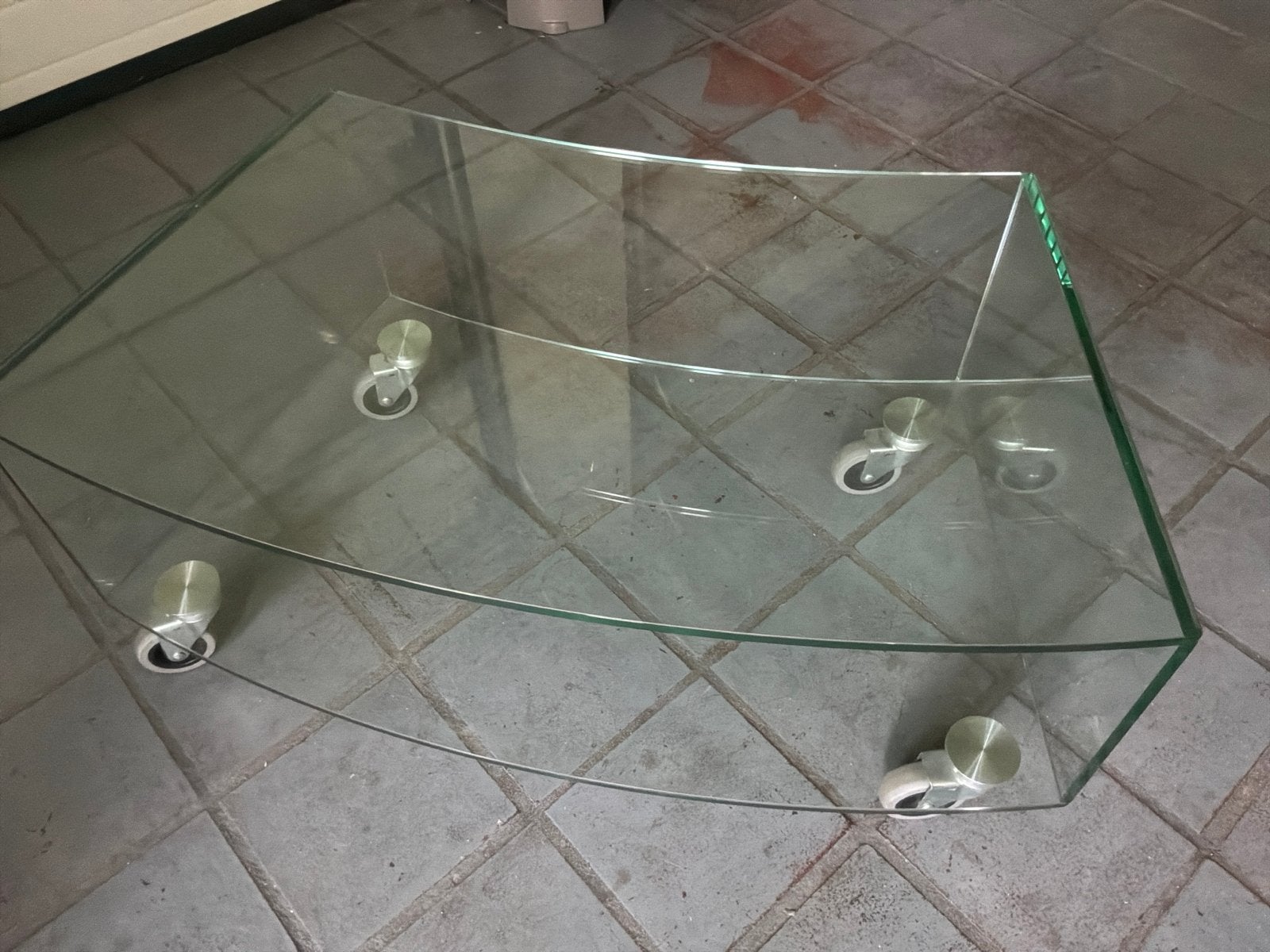 Glazen salontafel met wielen, Ophalen, Gebruikt, 100 tot 150 cm, 50 tot 100 cm
